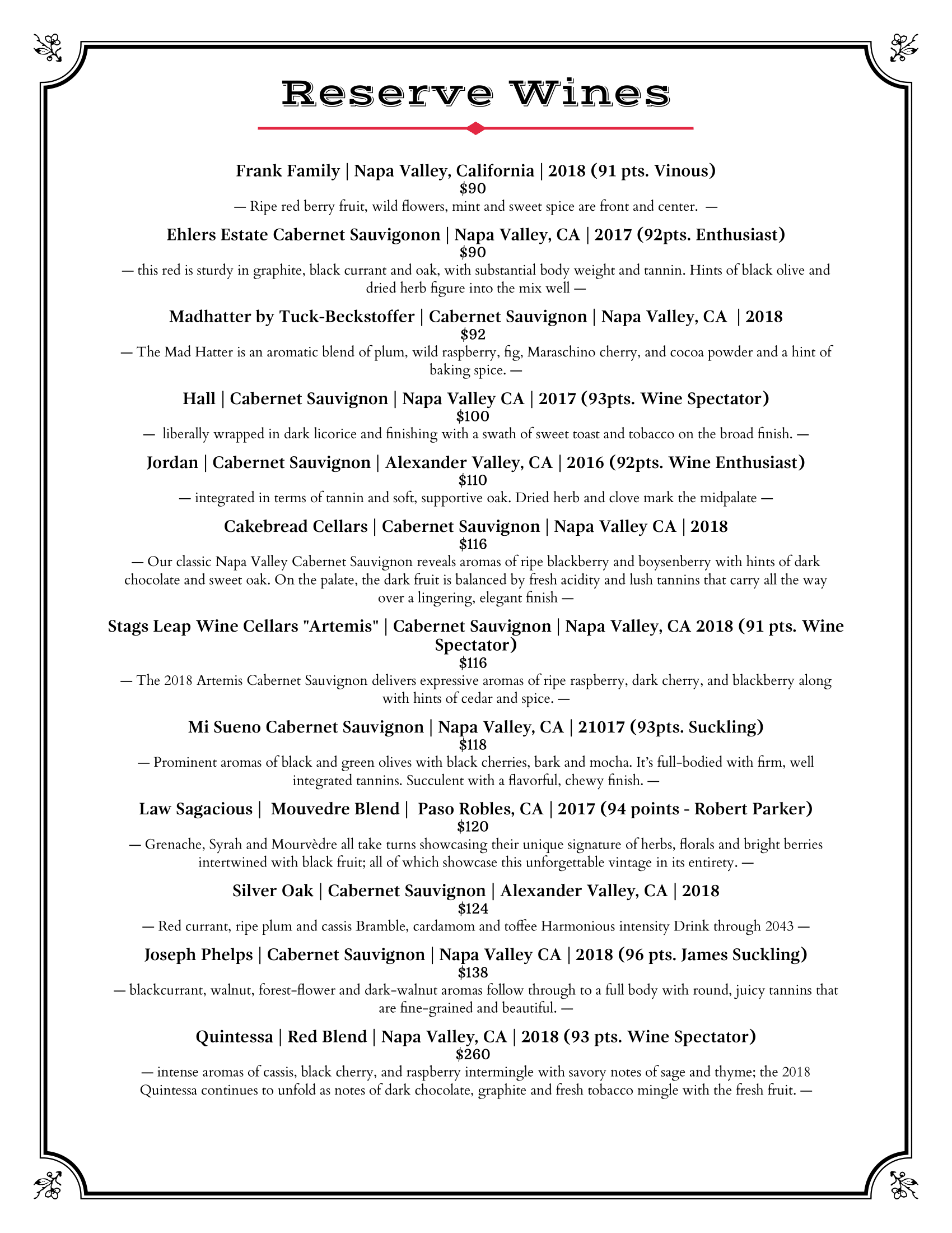 Cocktail Bar Roswell GA Red and White Wines